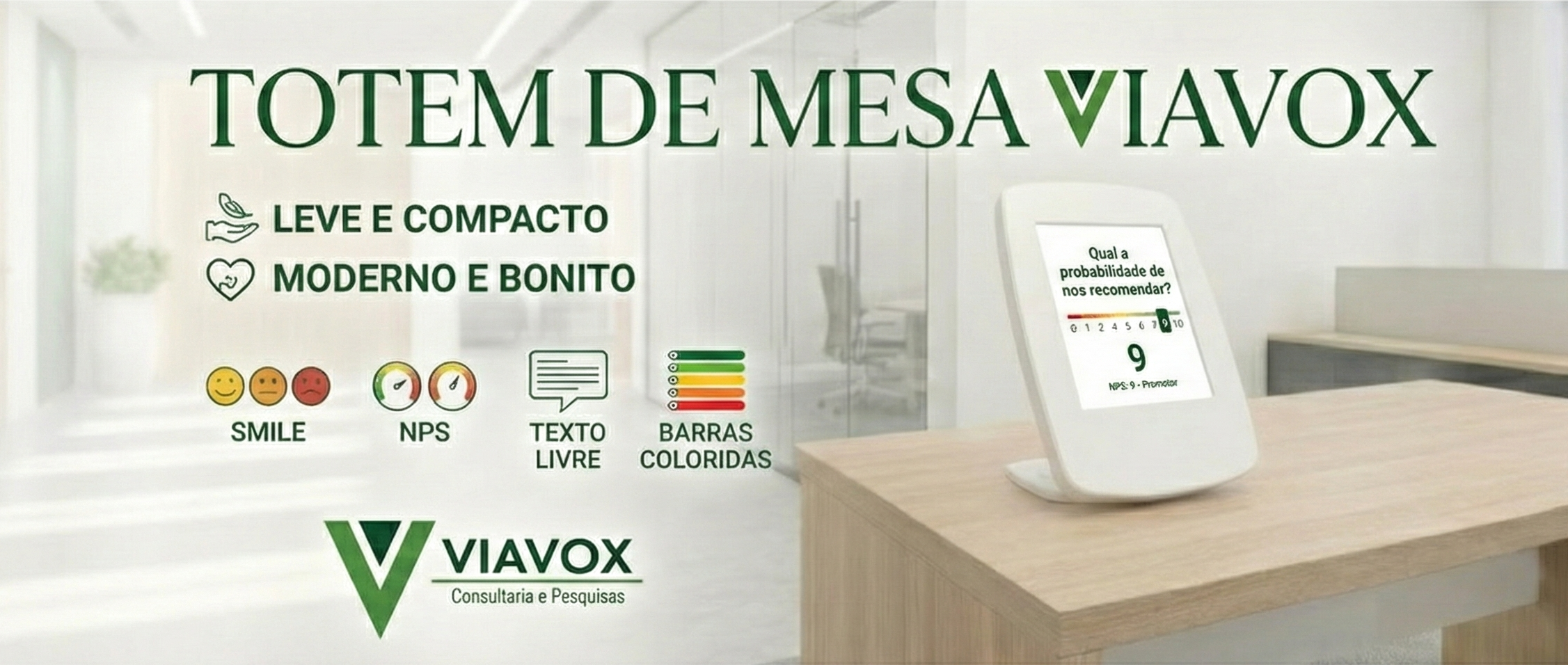 Totem de pesquisa de satisfação de mesa Viavox para balcão de atendimento
