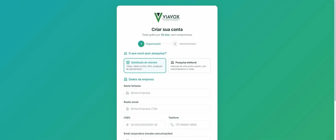 Tela Criar sua conta com a opção Pesquisa eleitoral marcada e os dados da empresa preenchidos