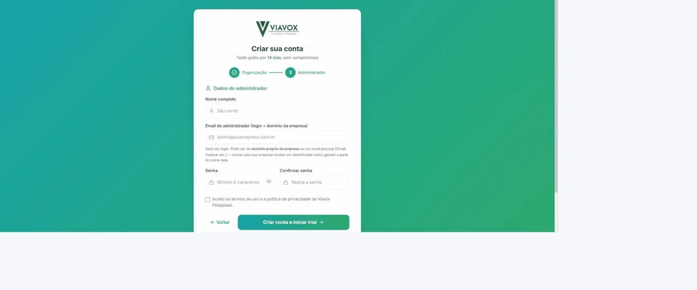 Tela Dados do administrador com nome, e-mail, senha e aceite dos termos