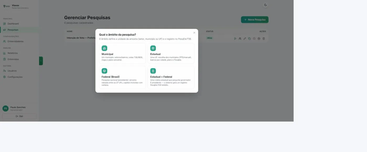 Modal Qual o âmbito da pesquisa com as opções Municipal, Estadual, Federal e Estadual mais Federal