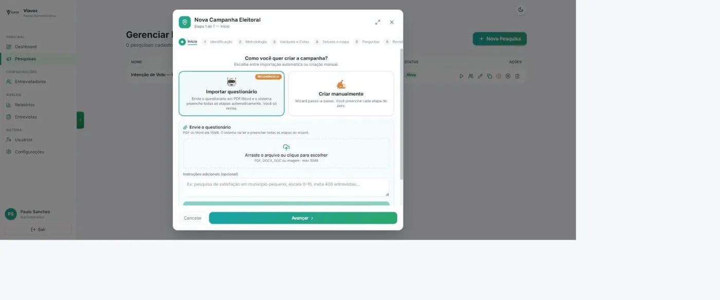 Etapa 1 do assistente com as opções Importar questionário e Criar manualmente