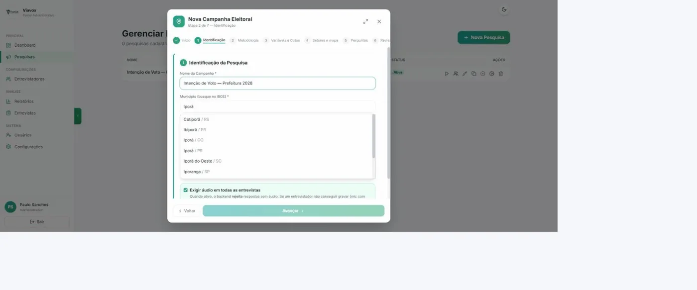 Etapa de identificação com o campo de município aberto mostrando a lista do IBGE