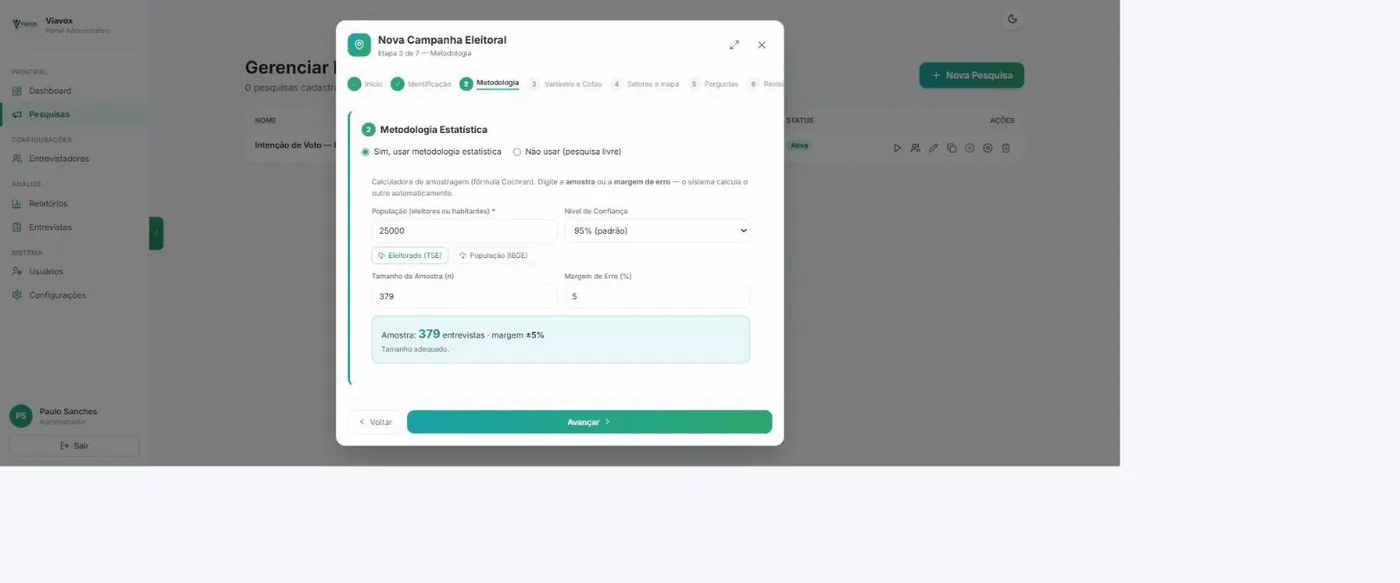 Etapa de metodologia com população 25000, confiança 95%, margem 5% e amostra calculada em 379 entrevistas