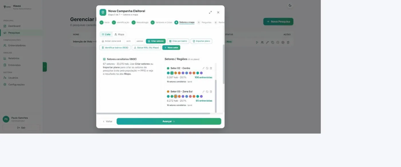 Etapa de setores mostrando quatro setores criados com população, percentual e número de entrevistas de cada