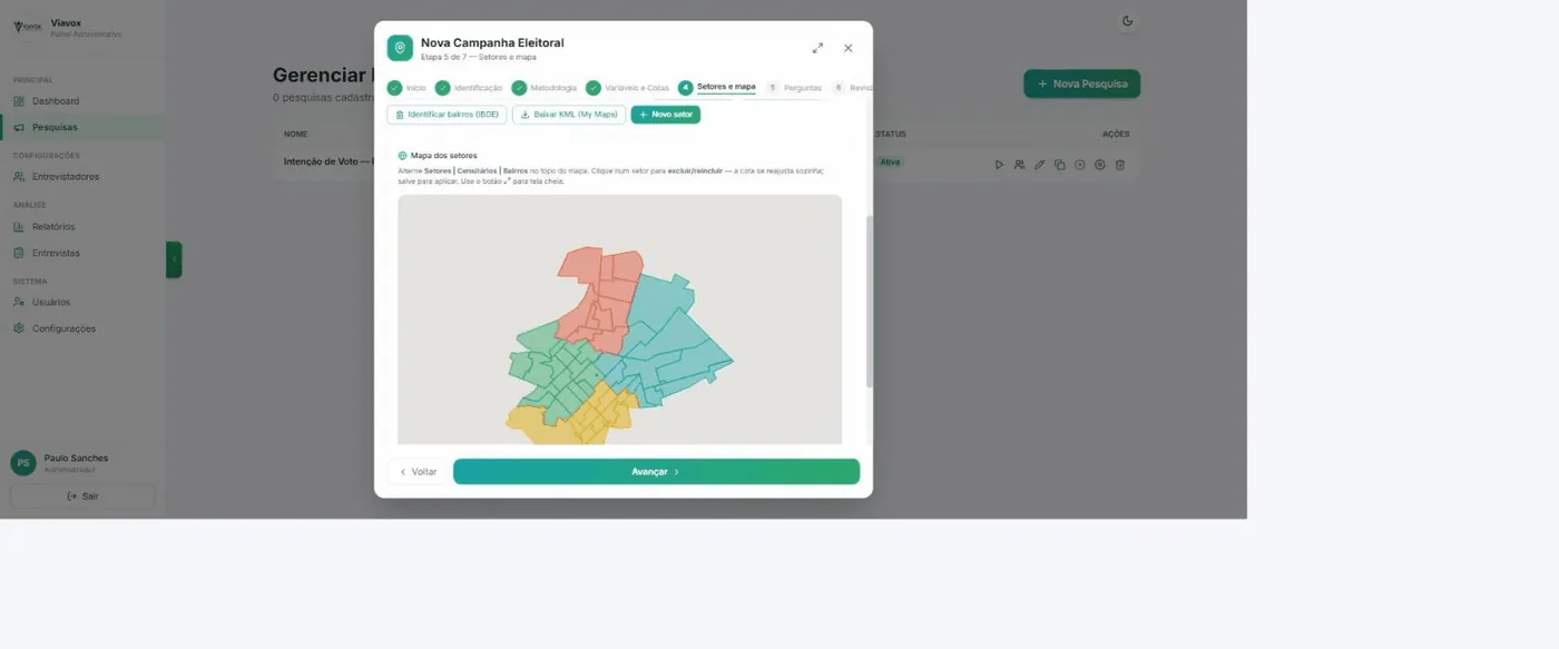 Mapa de Iporá com os quatro setores da pesquisa em cores diferentes sobre o mapa de ruas