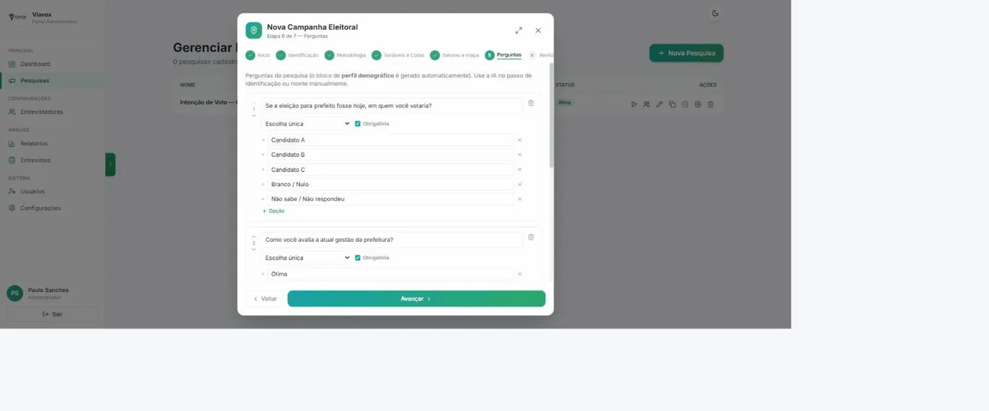 Etapa de perguntas com a pergunta de intenção de voto e cinco opções de resposta