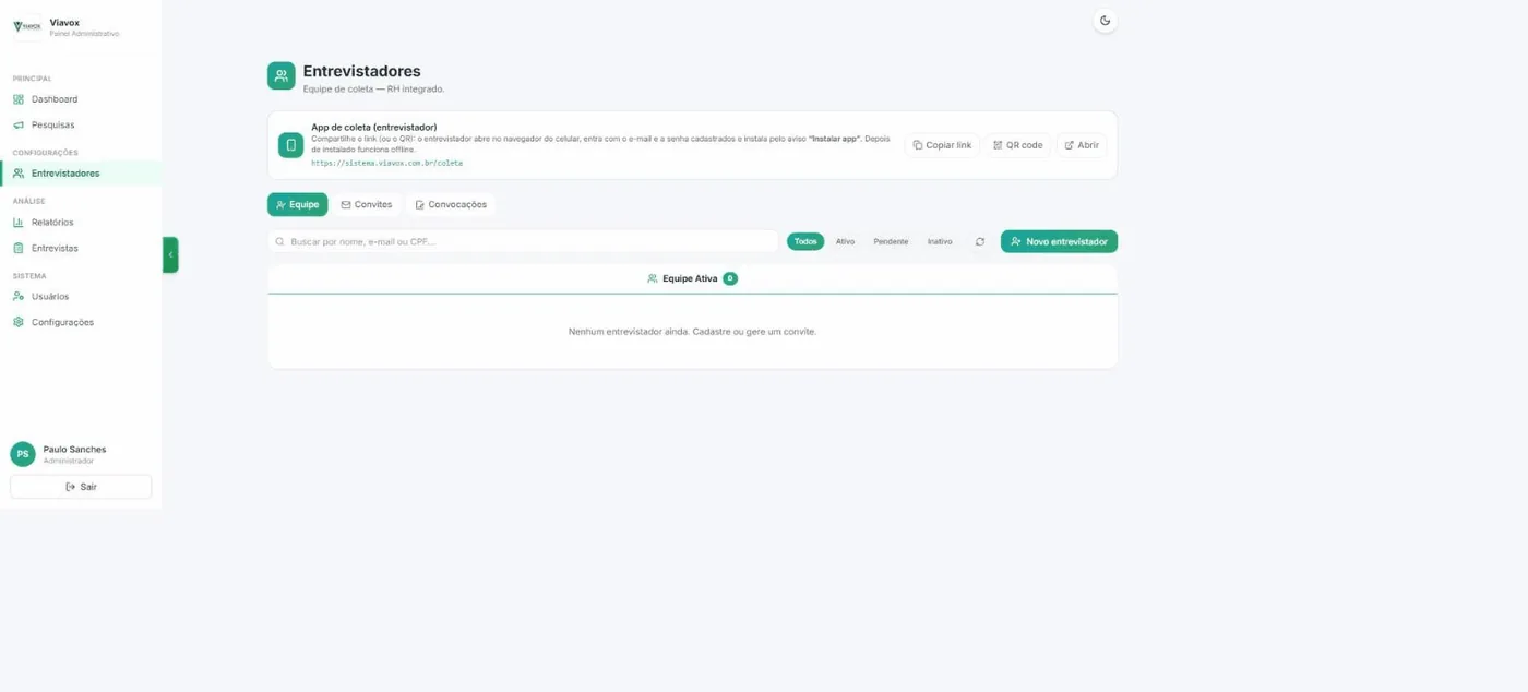 Tela de entrevistadores vazia, com o cartão do aplicativo de coleta e o botão Novo entrevistador
