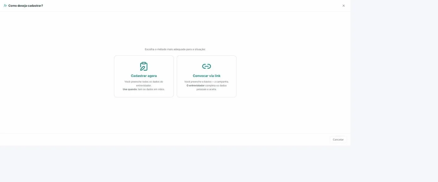 Modal Como deseja cadastrar com as opções Cadastrar agora e Convocar via link