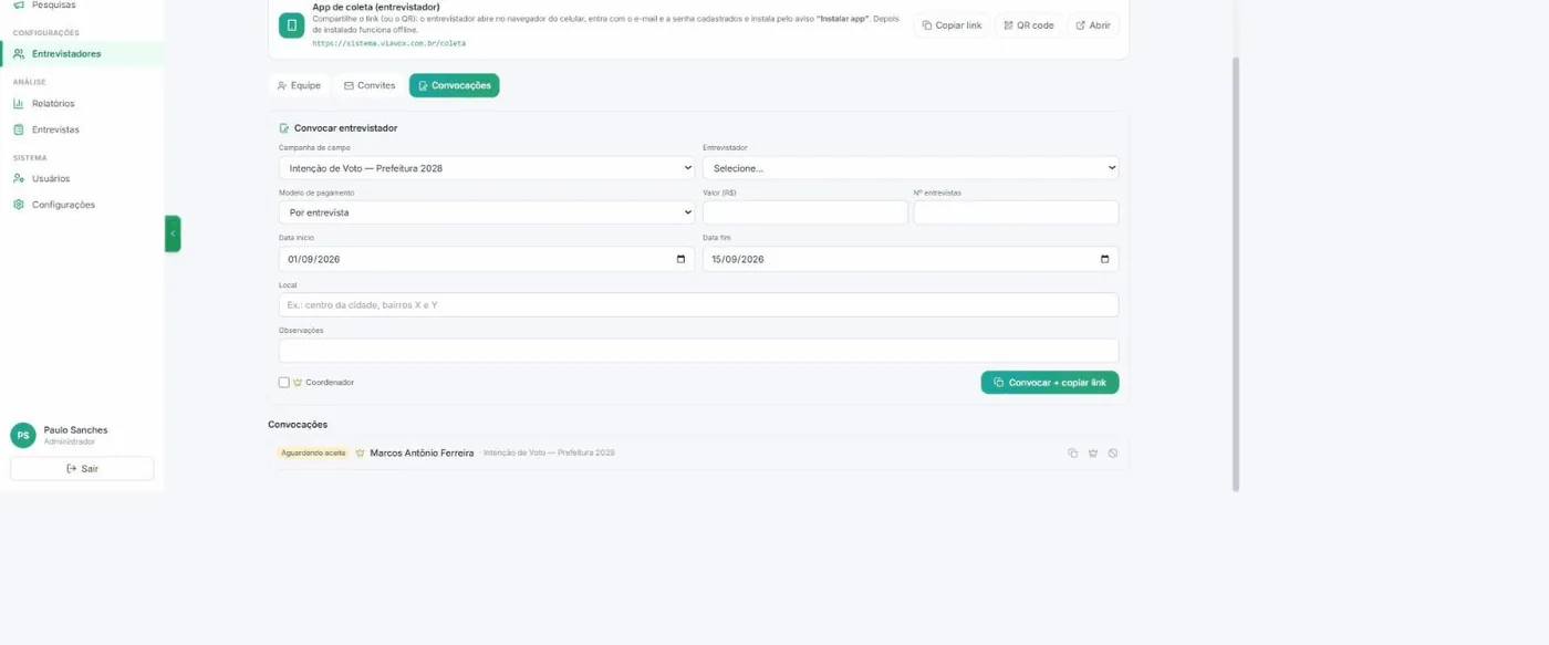 Convocação criada aparecendo na lista com o status Aguardando aceite