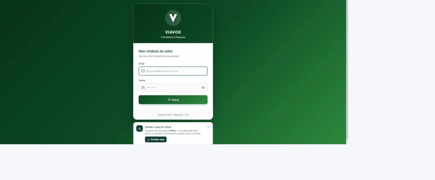 Tela de login do aplicativo de coleta com o aviso Instale o app de coleta