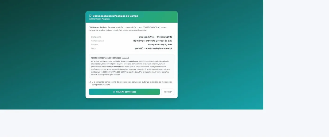 Página pública de convocação mostrando pesquisa, remuneração, período, local e o termo de prestação de serviços