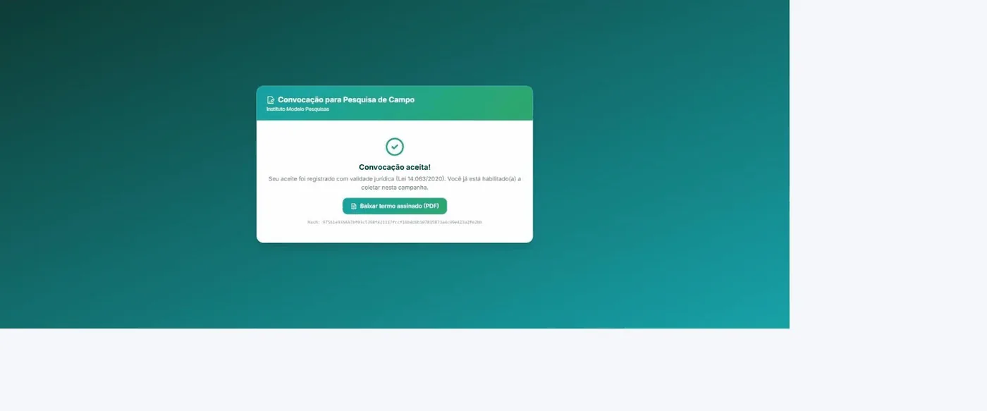 Tela de convocação aceita com o botão Baixar termo assinado em PDF e o hash de verificação