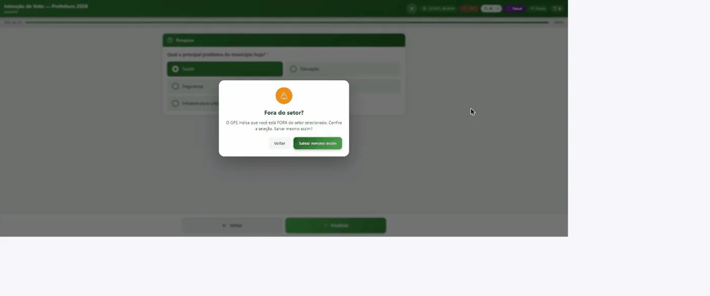 Alerta Fora do setor avisando que o GPS indica posição fora do setor selecionado