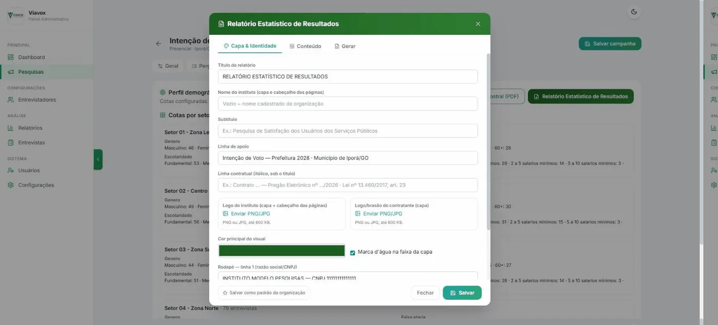 Aba Capa e Identidade do modal do relatório estatístico