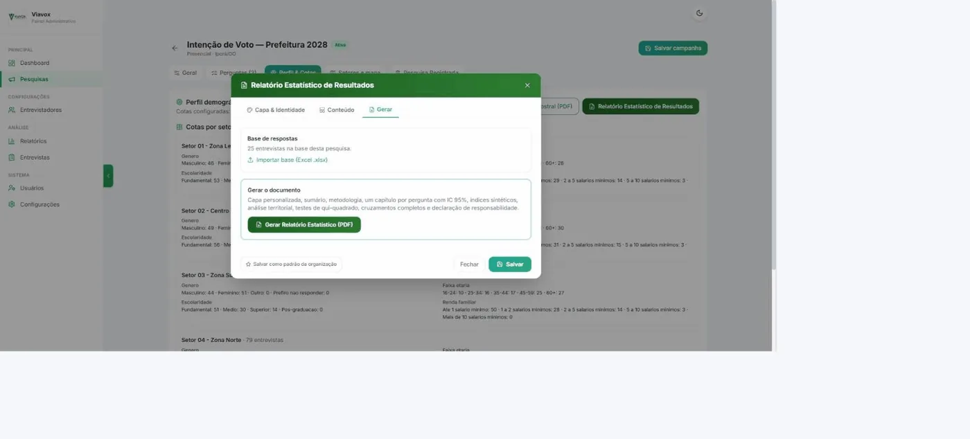 Aba Gerar mostrando 25 entrevistas na base e o botão Gerar Relatório Estatístico em PDF