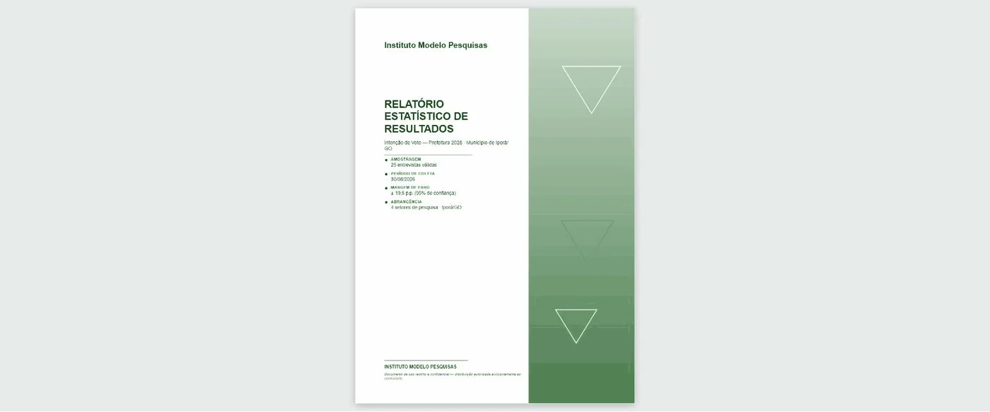 Capa do relatório estatístico e página de metodologia com ficha técnica e conformidade LGPD